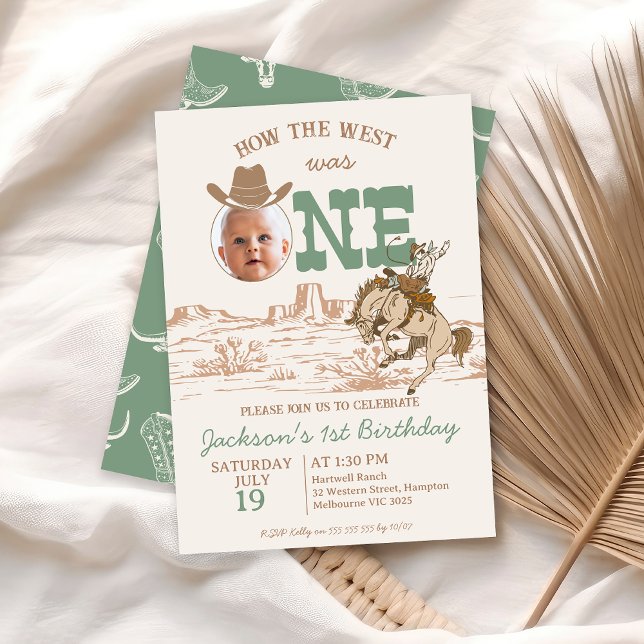 Convites Brown Sage Boys Como O Ocidente Era Um primeiro an (Sage Green Brown How The West Was One 1st Birthday Invitation Boy Cowboy Western Bronco Photo Invite)