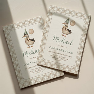 Convites Brown Sage One Lucky Duck Balloon primeiro anivers