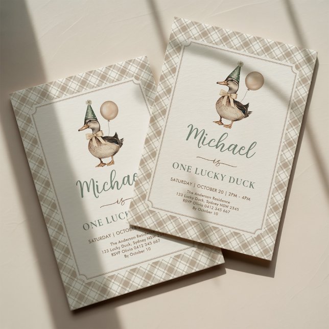 Convites Brown Sage One Lucky Duck Balloon primeiro anivers (Criador carregado)