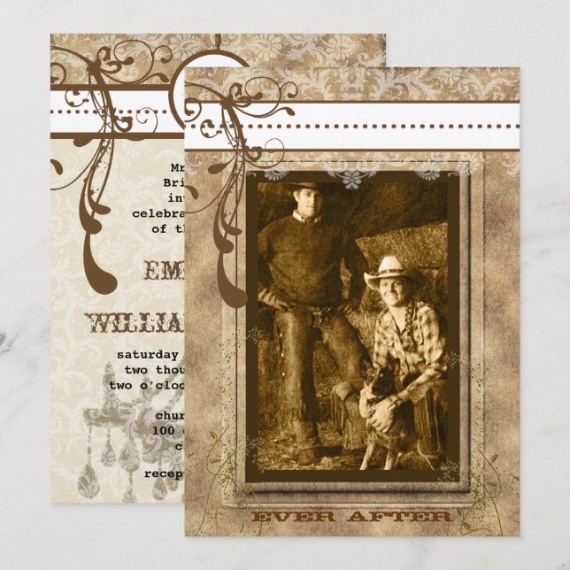 Convites Brown Swirl Vintage Chandelier Damask Your Photo (Frente/Verso)