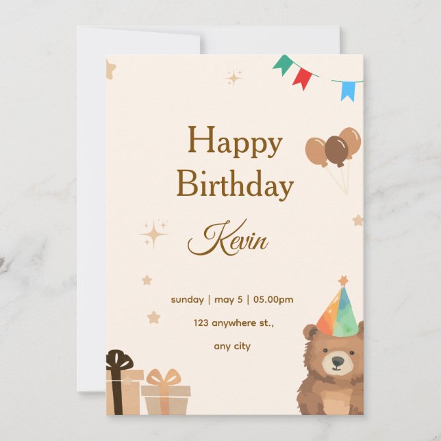 Convites Brown Teddy Bear Birthday Invitation,Cute Neutral  (Frente)