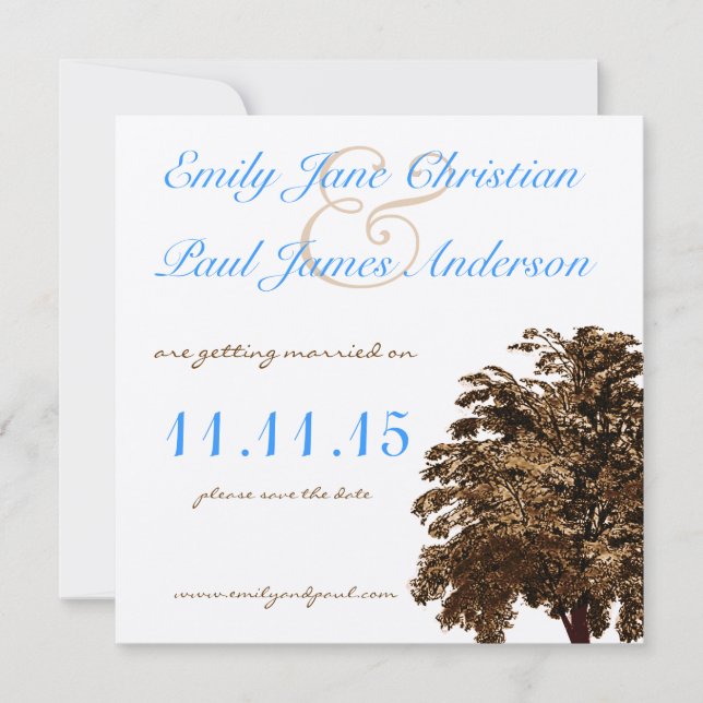 Convites Brown Tree Aqua Blue Font Casamento Salvar a Data (Frente)