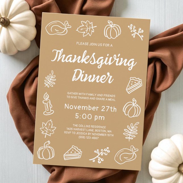 Convites Brown Whimsical Hand Desenhou Ação de Graças Moder (Modern Brown Doodle Pumpkin Thanksgiving Dinner Invitation)