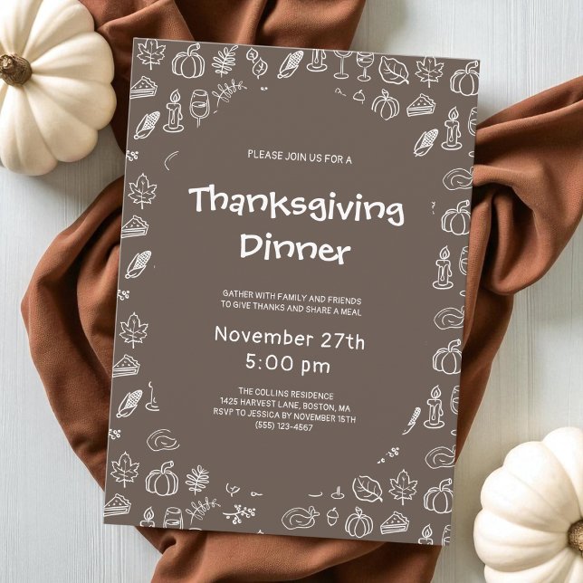 Convites Brown Whimsical Hand Drawn Festa de Ação de Graças (Brown Whimsical Hand Drawn Thanksgiving Party Invitation)