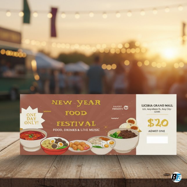 Convites Brown - Yellow New Year Food Festival Ticket (Entry Pass Ticket)