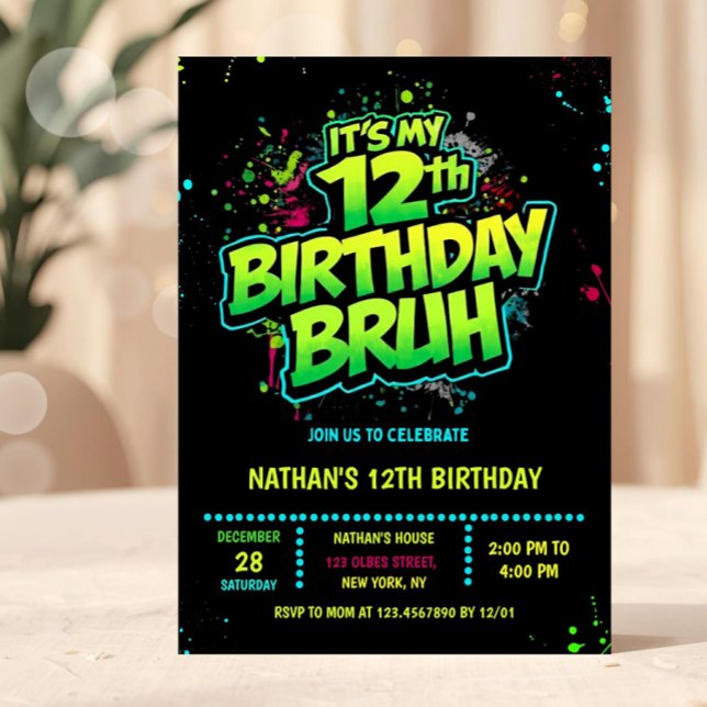 Convites Bruh 12th Birthday Boy Neon Modern Invitation (neon 12th birthday invitation, 12th birthday party, 12 twelve, green black, gamer gaming tech comput)