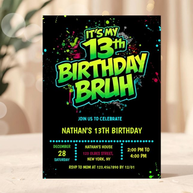 Convites Bruh 13th Birthday Boy Neon Modern Invitation (Bruh, You In? Neon Arcade Video Games Boy Birthday Invitation)
