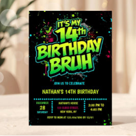 Convites Bruh 14th Birthday Boy Neon Modern Invitation