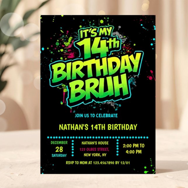 Convites Bruh 14th Birthday Boy Neon Modern Invitation (Bruh, You In? Neon Arcade Video Games Boy Birthday Invitation)