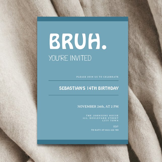 Convites Bruh 14th Birthday Invitation Teens Boy Blue (Bruh 14th birthday invitation for boys)