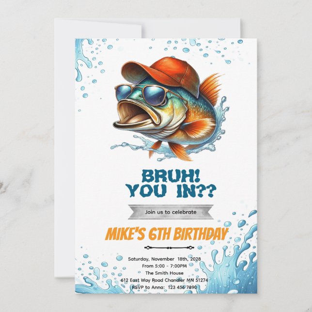 Convites Bruh Bass Fishing Birthday Invitation (Frente)