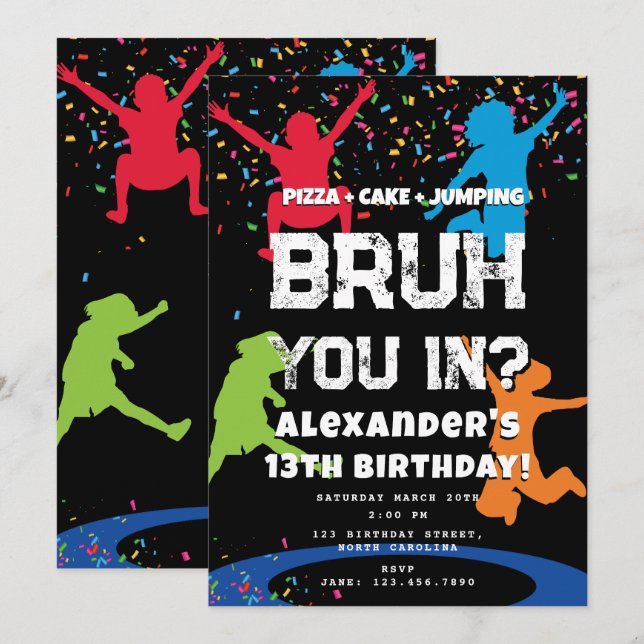 Convites Bruh Boy's Birthday Party Teenager Jump Trampoline (Frente/Verso)