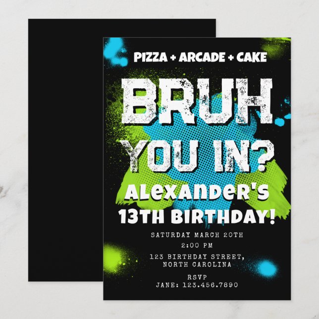 Convites Bruh Boy's Birthday Party Teenager Teen Boy Neon (Frente/Verso)