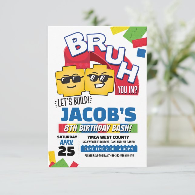 Convites Bruh Building Block Birthday Invitation (Em pé/Frente)