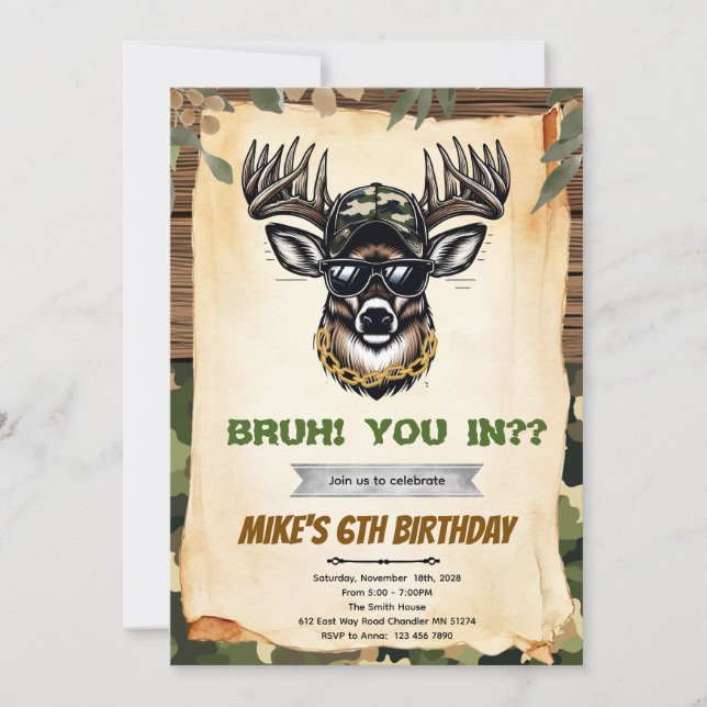 Convites Bruh camo deer hunting party invitation (Frente)