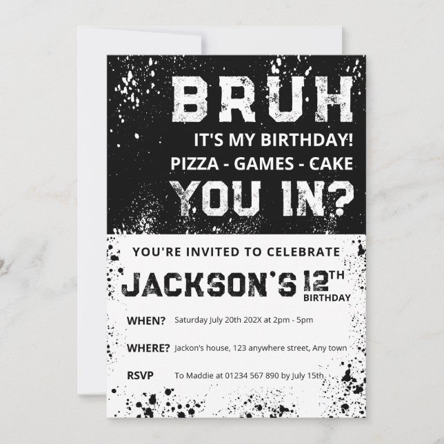 Convites BRUH Grunge Paint Splatter Boy Birthday Invitation (Frente)