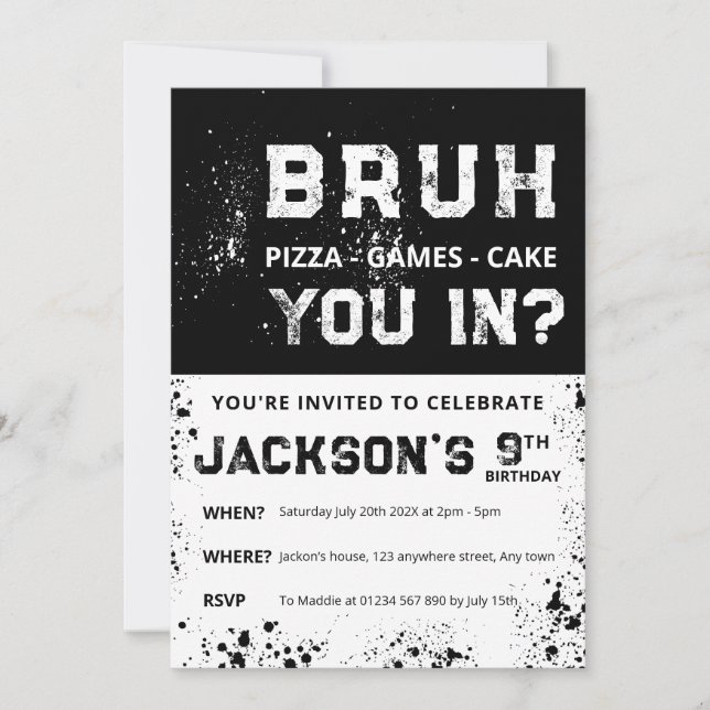 Convites BRUH Grunge Paint Splatter Boy Birthday Invitation (Frente)