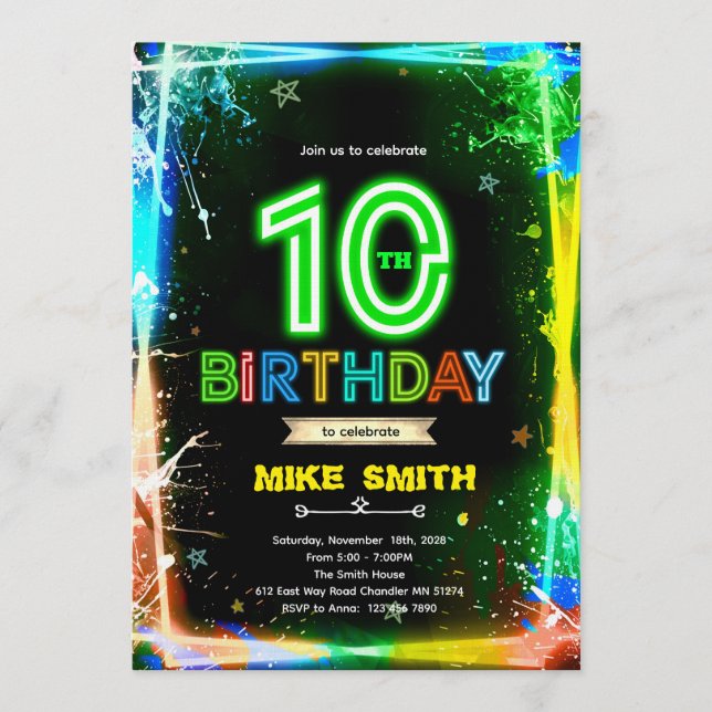 Convites Bruh neon 10 birthday invitation (Frente)