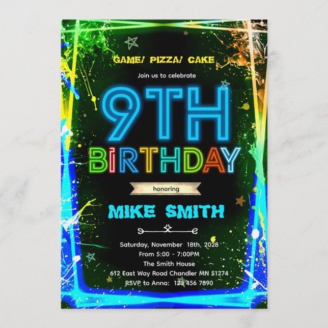 Convites Bruh neon 9 birthday invitation (Frente)