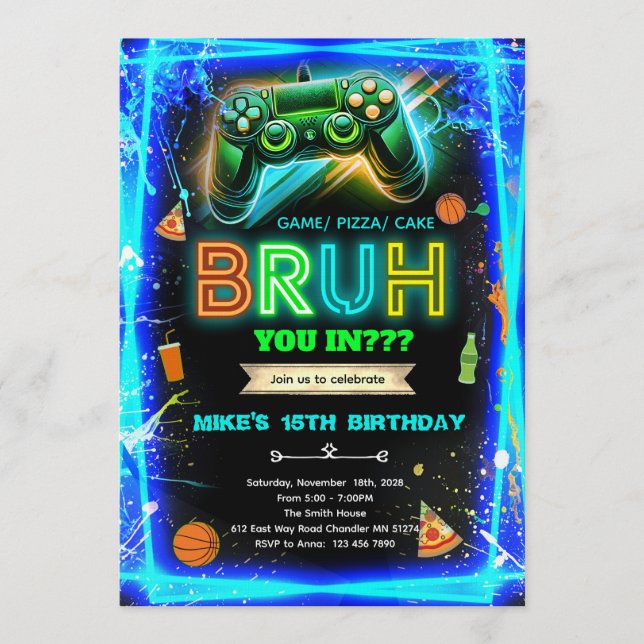 Convites Bruh neon birthday invitation (Frente)