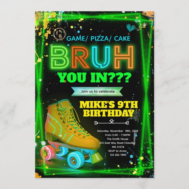 Convites Bruh neon roller skate invitation  (Frente)
