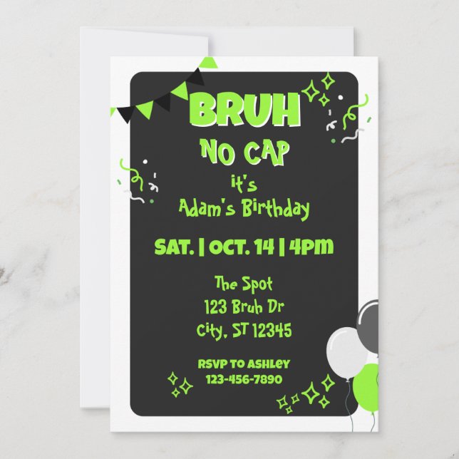 Convites Bruh No Cap, Aniversário Preto e Verde (Frente)