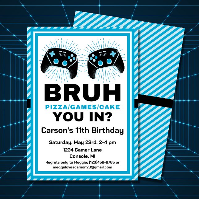 Convites Bruh Personalizou o Aniversário do Partido Gamer P (A funny birthday invitation for your favorite gamer's party.)
