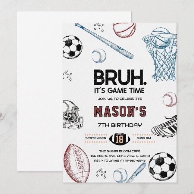 Convites Bruh Sports Birthday Game Time Party Invitation (Frente/Verso)