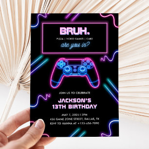 Convites Bruh Você no Video Game Boy Neon de Aniversário