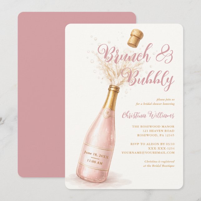 Convites Brunch and Bubbly Pink Champagne Bridal Shower (Frente/Verso)