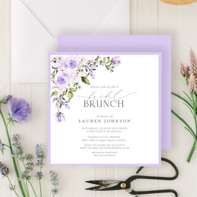 Convites Brunch Botânico Elegante de Lavanda Lilac (Easily personalize this bridal brunch invitation for the perfect celebration of the bride to be!)