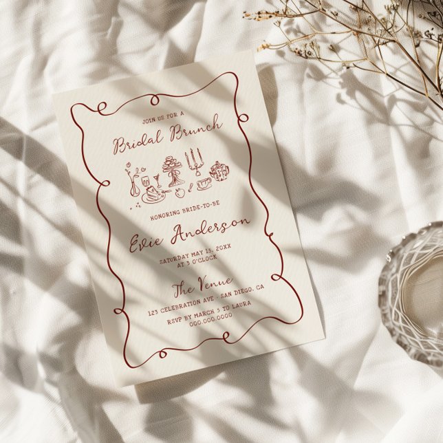Convites Brunch Bridal De Burgundy Desenhado À Mão (Criador carregado)