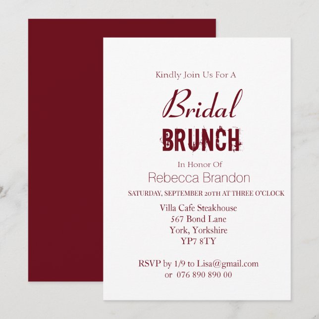 Convites Brunch Bridal Moderno Bold Burgundy (Frente/Verso)