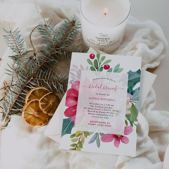 Convites Brunch Bridal Natal | Floral Brilho (A stylish and festive bridal shower brunch invitation for Christmas season weddings)
