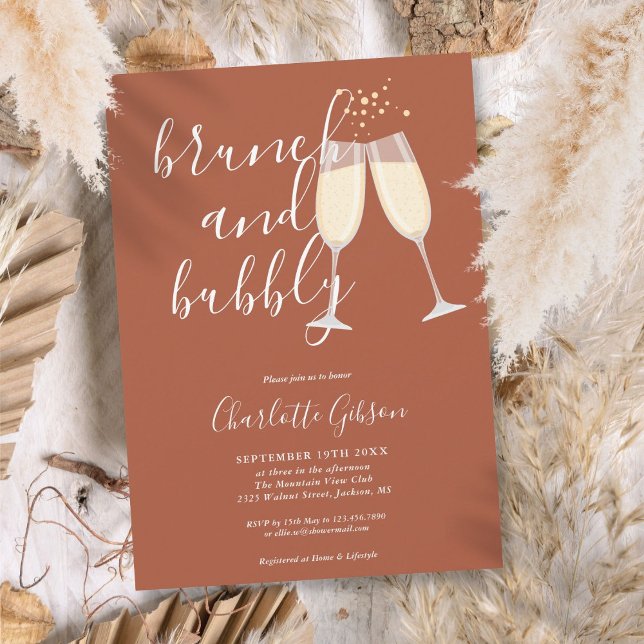 Convites Brunch Bubble Script Chá de panela Terracotta (Brunch Bubbly Script Bridal Shower Terracotta Invitation)