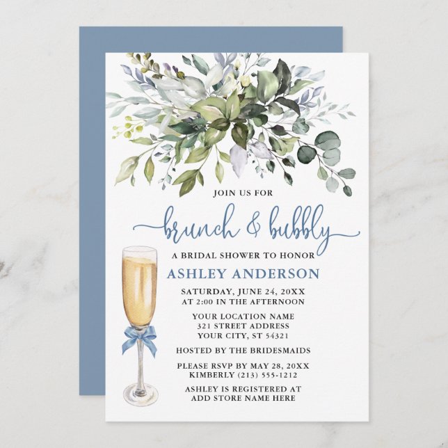 Convites Brunch Bubble Watercolor Greenery Dusty Blue (Frente/Verso)