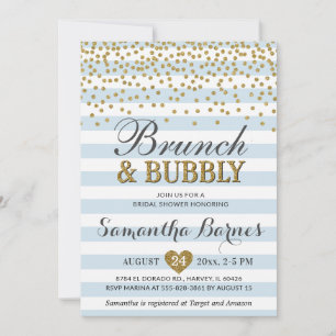 Convites Brunch Bubbly Azul Claro Dourado Chic Chá de Noiva