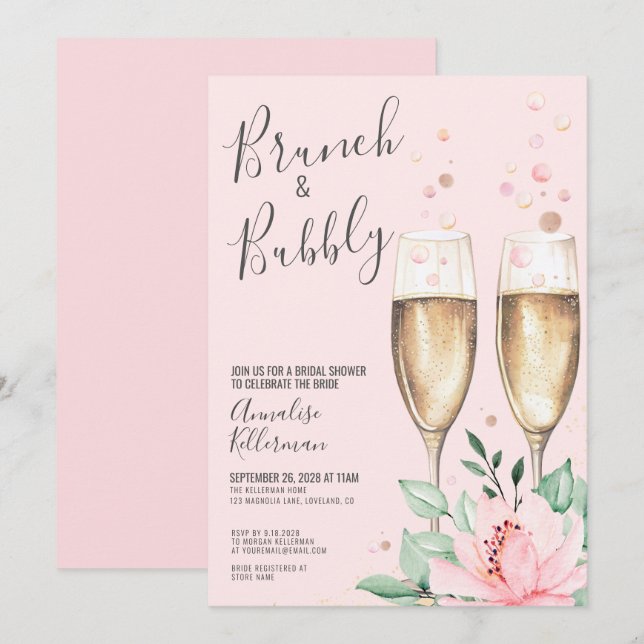 Convites Brunch Bubbly Blush Pink Floral Bridal Shower (Frente/Verso)