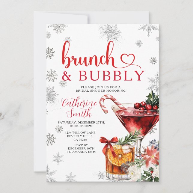 Convites Brunch Bubbly Christmas Dinner Bridal Shower  (Frente)