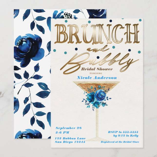 Convites Brunch Bubbly Dourado Azul Floral Chá de Noiva (Frente/Verso)