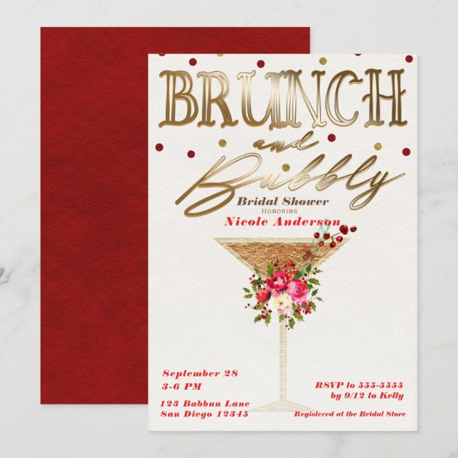 Convites Brunch & Bubbly Dourado Vermelho Festa de Noivado  (Frente/Verso)