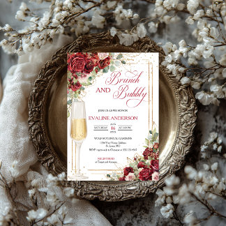 Convites Brunch & Bubbly Elegant Red Rose Bridal Shower |