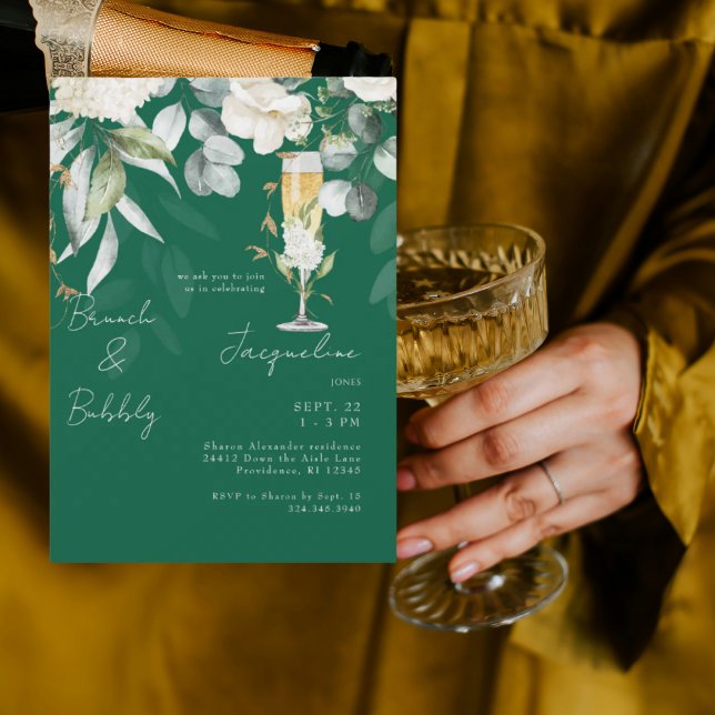 Convites Brunch & Bubbly Floral Branco Verde Esmeralda (Criador carregado)
