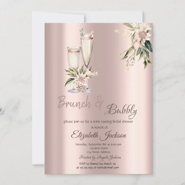 Convites Brunch & Bubbly Flores Cor-de-Rosa Bridal Shower (Frente)