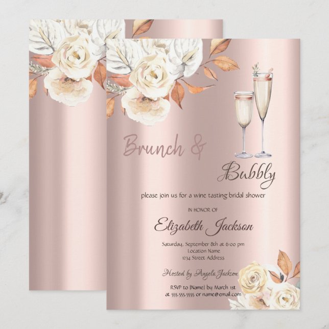 Convites Brunch & Bubbly Flores de Outono Chá de Noiva (Frente/Verso)