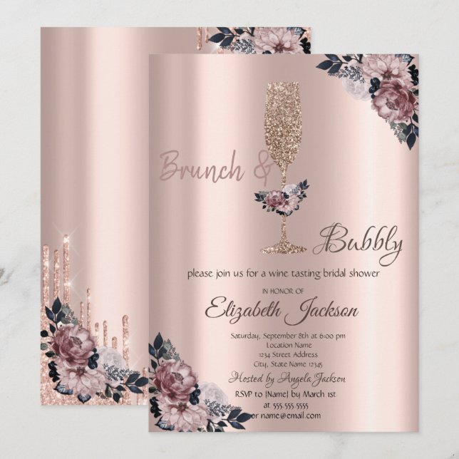 Convites Brunch & Bubbly Flores Drips Chá de Noiva (Frente/Verso)