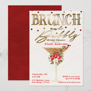 Convites Brunch & Bubbly Gold Vermelho Festa de Noivado de