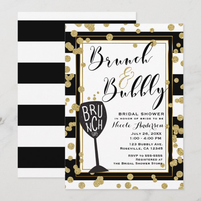 Convites Brunch & Bubbly Listras Pretas e Brancas Confetes  (Frente/Verso)