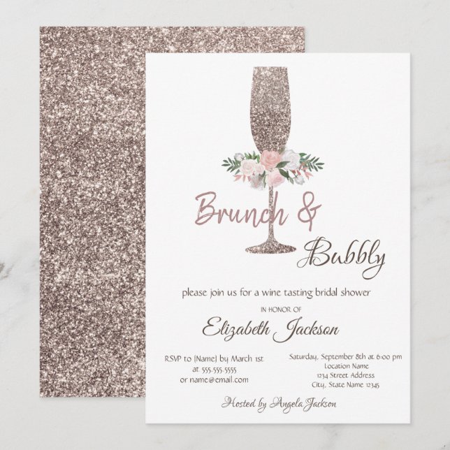 Convites Brunch & Bubbly Rosa Dourado Brinde de Casamento c (Frente/Verso)