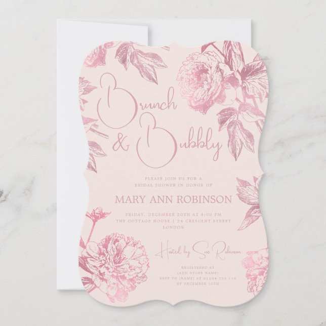 Convites BRUNCH BUBBLY Rosa Dourado Chá de panela Blush (Frente)